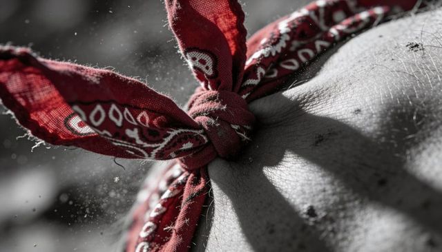 Red paisley bandana knot on sunlit skin macro texture dust particles close-up grainy