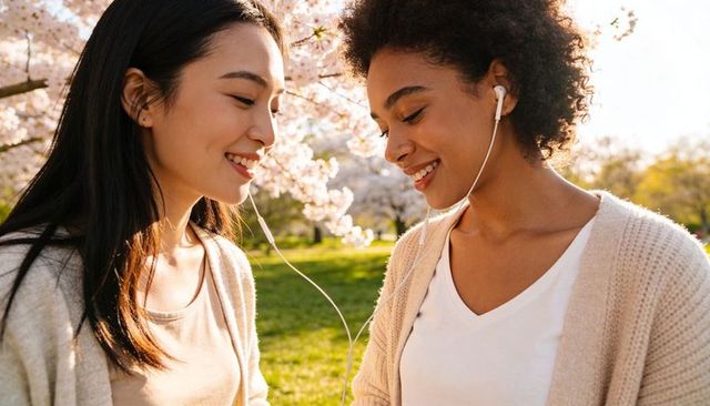 Two women sharing earbuds under cherry blossoms smiling friends enjoying spring park