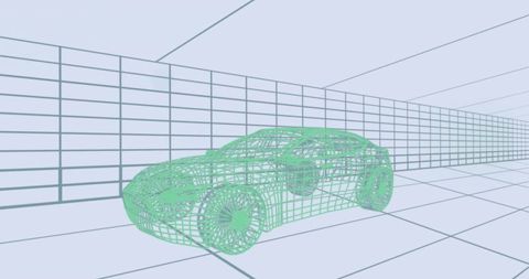 Digital wireframe sedan in virtual 3d modeling environment
