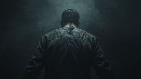 Mysterious frankenstein figure wearing deep-cut jacket under eerie lighting