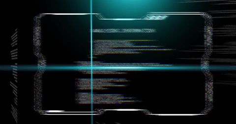 Glitching holographic terminal interface with cyan scanline flare and corrupted code