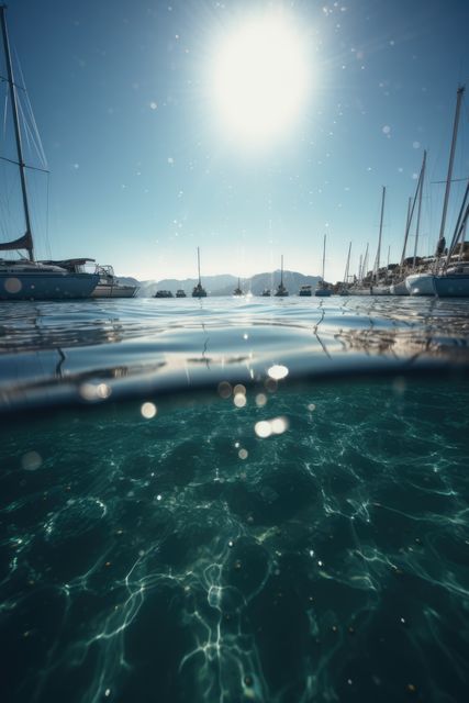 Port with sailing boats, sea, sky and sun created using generative ai technology. Travel, sailing and seaside concept digitally generated image.