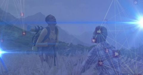 Laughing Friends Hiking in Mountain Landscape with Digital Network Overlay