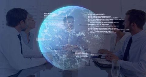 Holographic earth globe hovering above boardroom projecting data, code and analytics