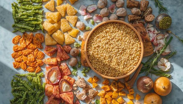Rustic wooden bowl holding toasted barley with vibrant dried vegetables surrounding