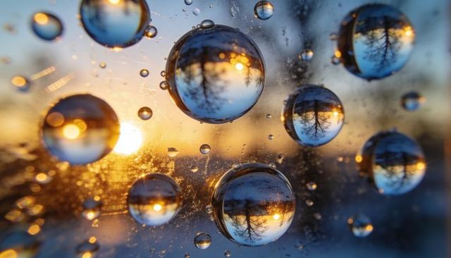 Sunset reflections lensing water droplets capturing inverted tree and golden glow
