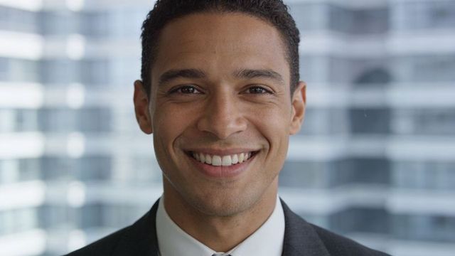 Confident young professional smiling in suit at office window urban corporate headshot