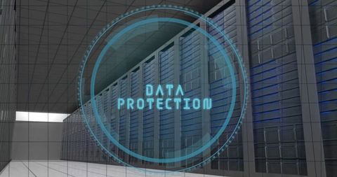 Holographic interface displaying data protection in server corridor