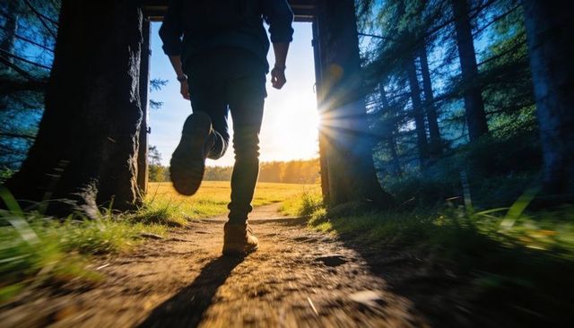 Running through forest gap toward sunrise on dirt trail with boot sole visible