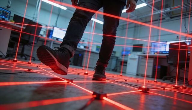 Technician walking through red laser security grid in high-tech lab workstations