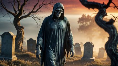 Sinister skeletal Grim reaper figure cloaked in tattered robes meanders through darkened graveyard enveloped in creepiness as evening descends, mist curling around ancient tombstones. Digital illustration evokes captivating folklore. Ideal for Halloween promotions, horror story illustrations, supernatural-themed projects.
