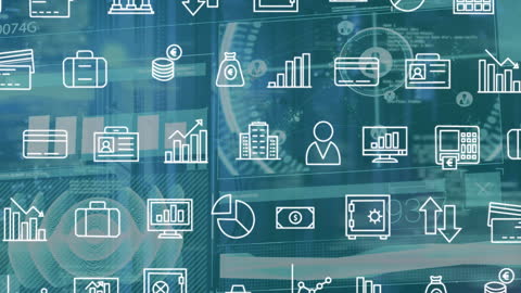 Futuristic Data Processing with Animated Icons Over Server Room