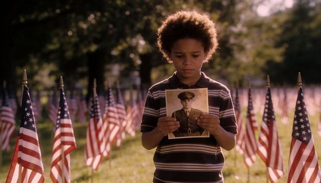 Young boy holding veteran portrait standing among rows of american flags on memorial day