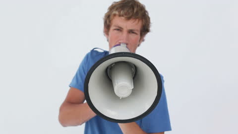 Young Man Shouting with Megaphone, Expression of Anger