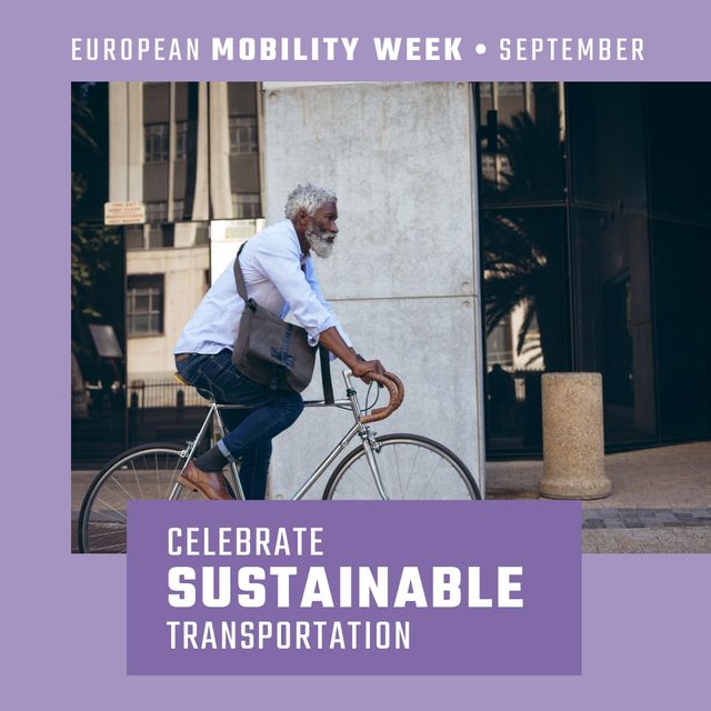 Celebrate sustainable transportation text over african american man riding a bicycle on the street. Sustainable transportation awareness concept
