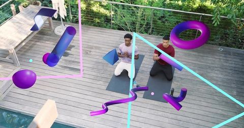 Meditating duo on wooden deck by pool with floating neon 3d shapes and wellness vibe
