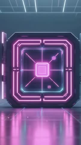 Futuristic Neon Vault Opening Revealing Glowing Core on Floor | Vertical Cyberpunk Tech Clip