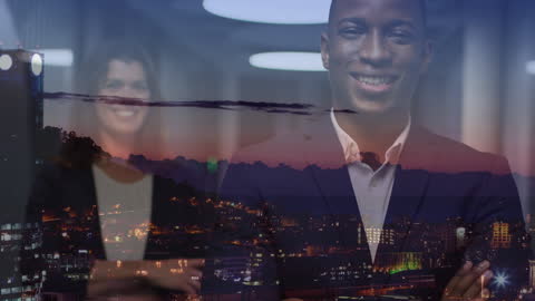 Business Team with Urban Skyline Overlay Blending Day and Night