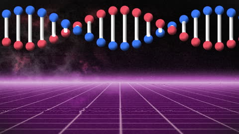 Retro Digital DNA Strand Animation with Futuristic Grid