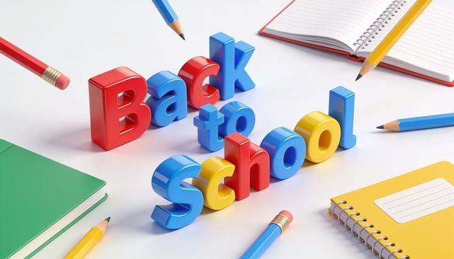 Glossy 3d back to school letters with colorful pencils and notebooks flatlay for education
