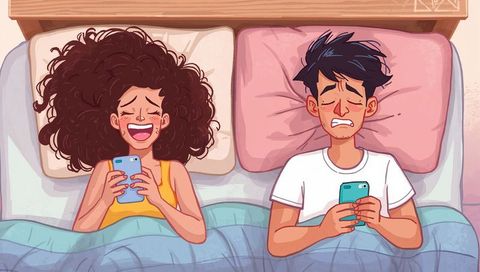 Joyful couple relaxing in bed with smartphones humor illustration