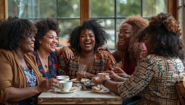 Laughing friends sharing coffee and pastries at sunny cafe table, joyful women gathering