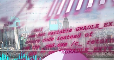 Urban data overlay blending city skyline with code, analytics icons and rooftop view