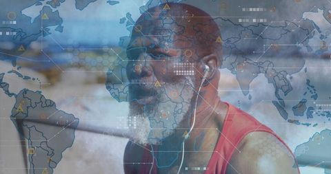 Man Engaging with Digital Fitness Data Overlay with World Map