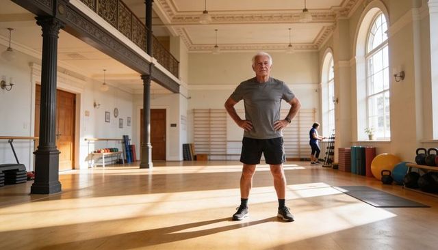 Sunlit senior man standing confident in gym hall for active aging and strength training