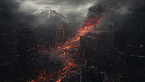 Apocalyptic volcanic eruption engulfs cityscape in fiery molten lava