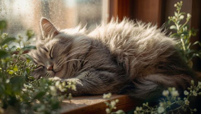 Sunlit Sleeping Long-Haired Tabby Cat Curling on Wooden Windowsill with Dewy Backlit Glass