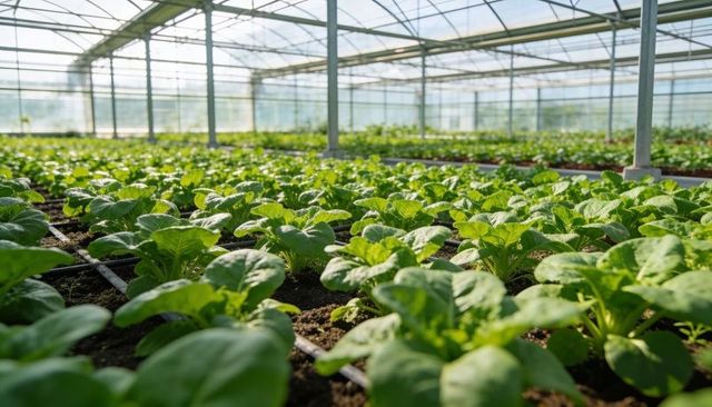 Commercial greenhouse growing lettuce seedlings with drip irrigation in rows under glass roof