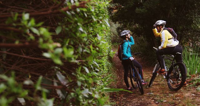 Two Friends Enjoying Mountain Biking on Forest Trail - Download Free Stock Images Pikwizard.com