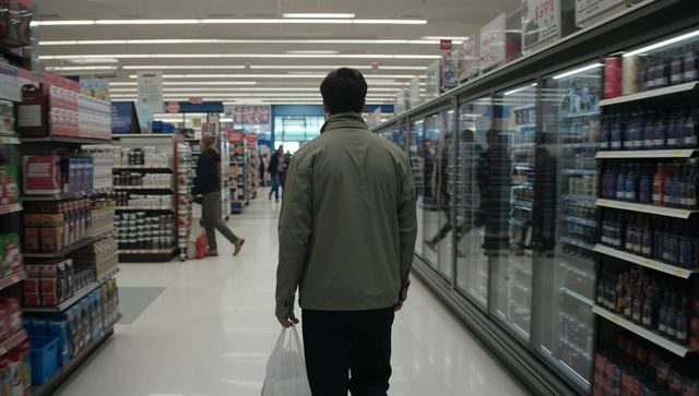 Man walking down supermarket aisle carrying white shopping bag by fridge cases