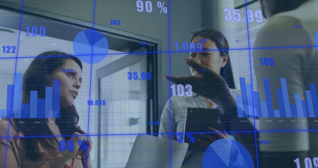 Professionals Discussing Data with Analytical Graphics Overlay - Download Free Stock Images Pikwizard.com