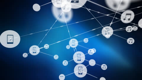 visualization of connected digital devices and media icons illustrating wireless network communication. perfect for depicting modern technology, digital connectivity, electronics innovations, and online media sharing. useful in presentations or articles about technology, wireless networks, smart devices, internet of things (iot).