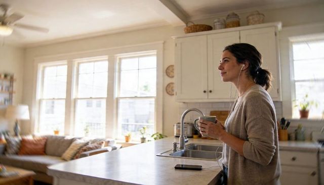 Relaxing in morning sunlight holding mug at kitchen island listening on wired earbuds