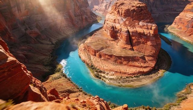 Turquoise river winding around red sandstone butte in monumental canyon