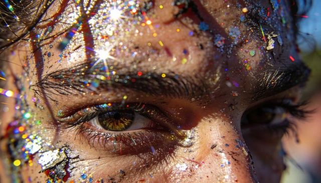 Staring man with glitter and metallic flakes closeup intense gaze pigment and lens flare