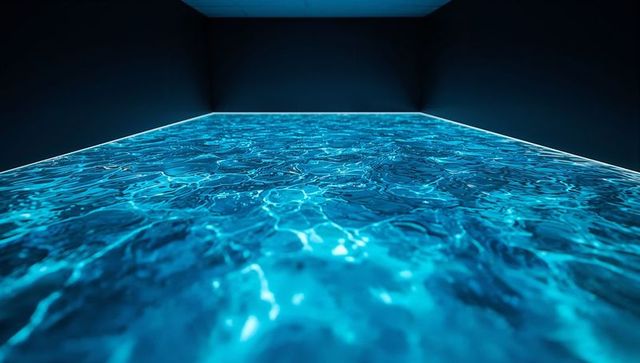 Glowing cyan rippling floor installation in dark gallery with led edge neon lighting