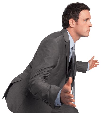 Businessman in Gray Suit Posing with Open Hands Transparent Background