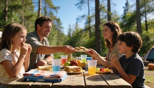 Family enjoying picnic at sunlit forest campsite passing plate of cookies