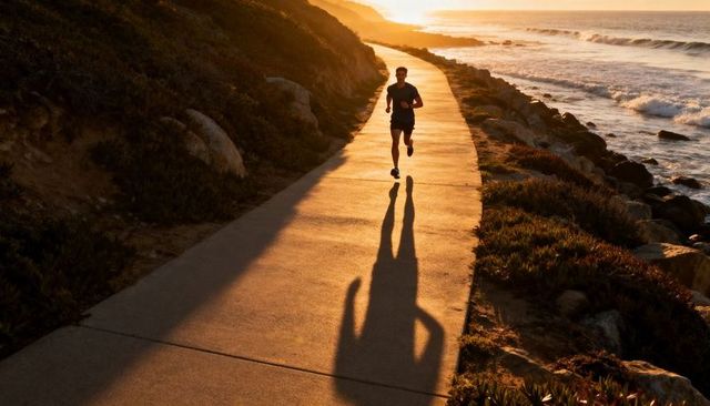 Sunset runner silhouette casting long shadow on coastal promenade with ocean waves
