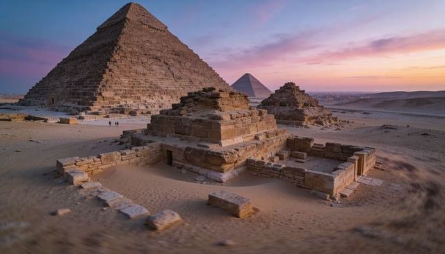 Giza pyramids at sunset with mastaba ruins and visitors walking desert dusk