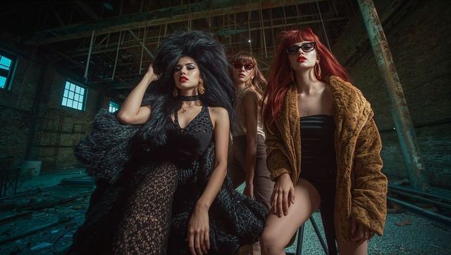 Avant-garde fashion models in industrial setting sheer lace and faux fur