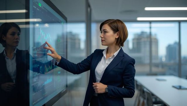 Businesswoman Analyzing Financial Data on Touchscreen Display