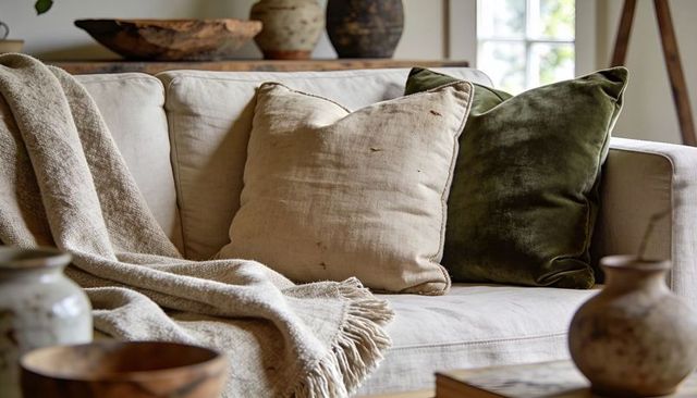 Cozy neutral sofa featuring fringed throw, linen cushion and olive velvet pillow in rustic decor