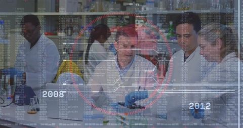 Researchers handling samples at lab bench with high-tech hud data overlay 2008–2012
