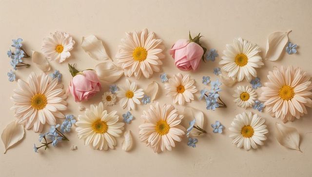 Pastel floral flatlay with cream daisies, pink rosebuds and blue forget-me-nots