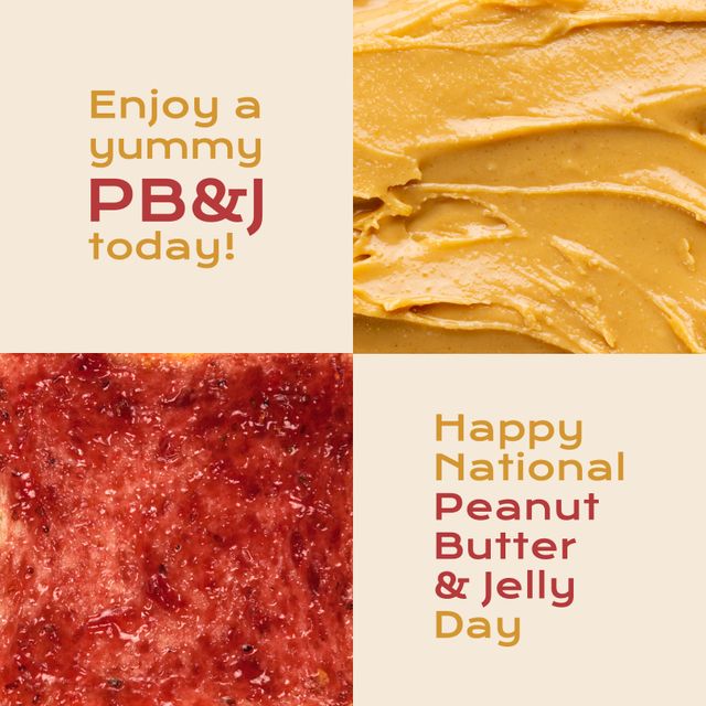 Perfect for promoting National Peanut Butter and Jelly Day, social media posts celebrating food holidays, and advertisements for peanut butter and jelly products. The close-up textures of peanut butter and jelly add a visually appealing element and intensify the craving for this classic combination.